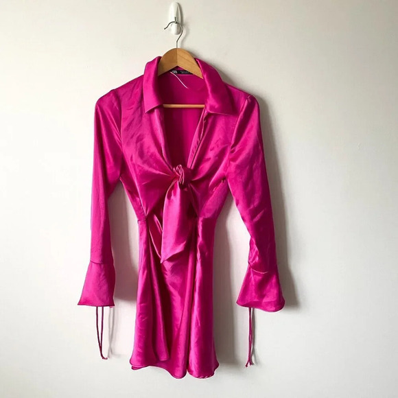 Zara Satin Effect Long Sleeve Ruffle Cuff Lapel Collar Mini Dress Fushia Pink Sm - Picture 7 of 11